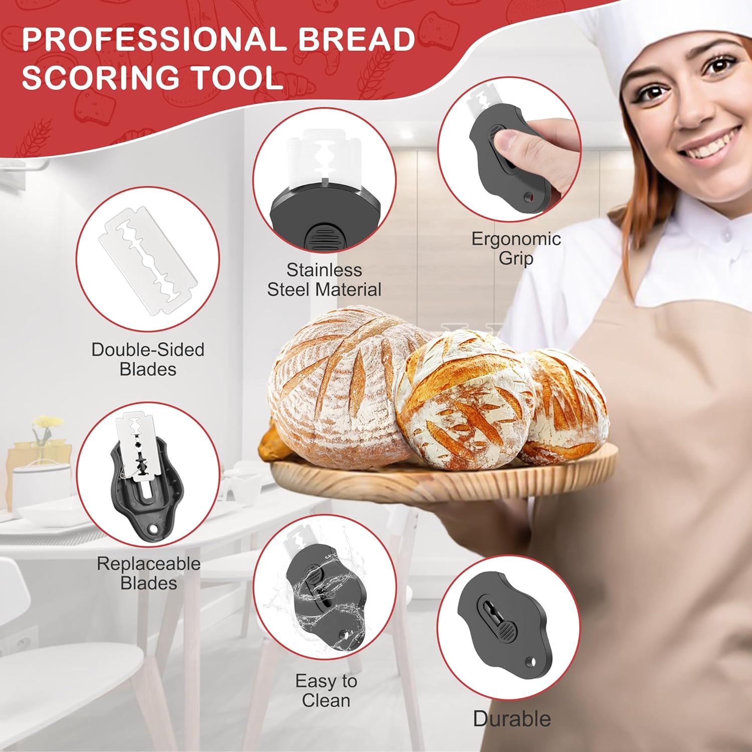 Magnetic Bread Lame Dough Scoring Tool, Professional Sourdough Scoring Tool for Sourdough Bread Baking, Bread Making Knife, Extractable Bread Scoring Tool with 5 Razor Blades&Scoring Patterns Booklet