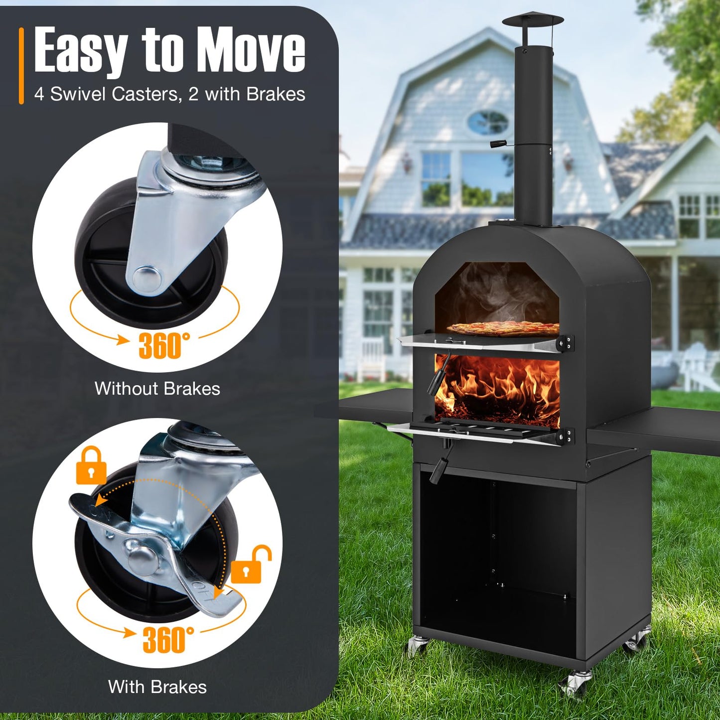 Giantex Pizza Oven Outdoor - Wood Fired Pizza Oven with 2 Side Tables, Pizza Stone, Pizza Peel, Cover, Cooking Grids, Pizza Maker on Wheels for Outside Charcoal Grill Backyard Party Camping