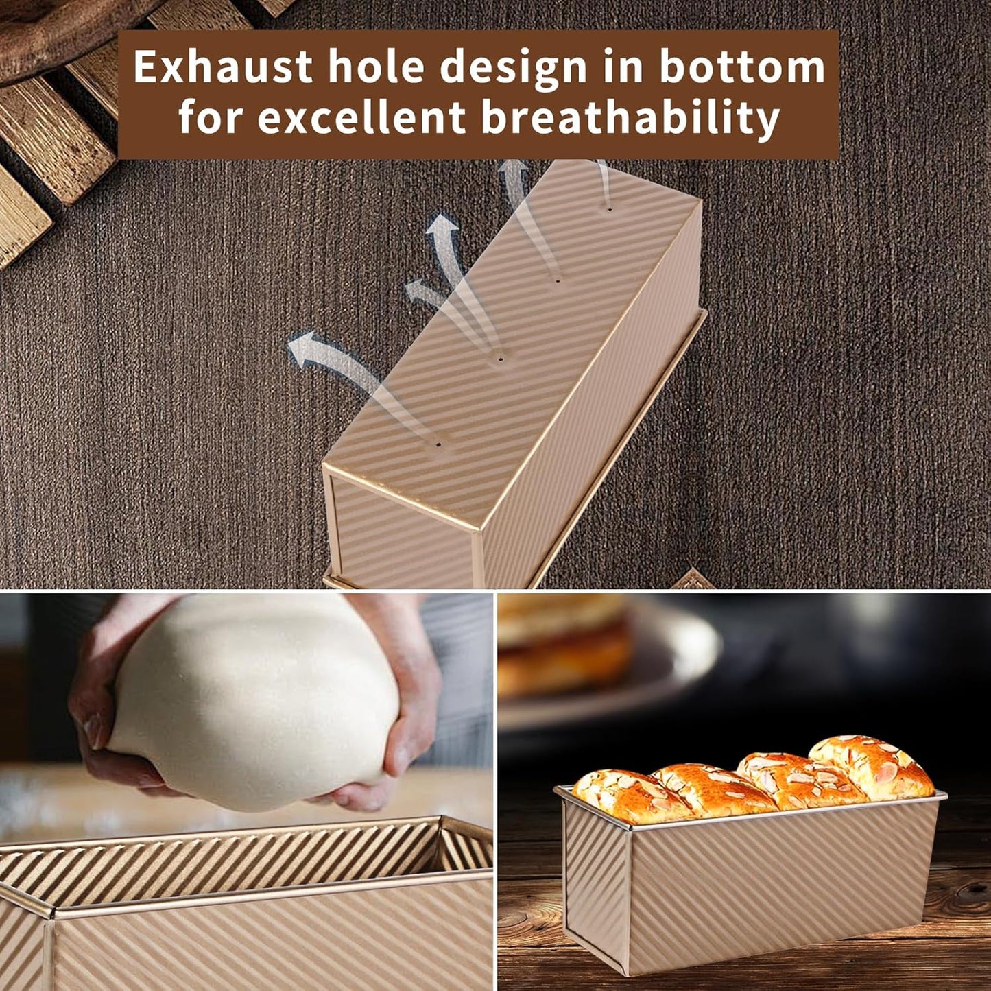 Upgrade Pullman Loaf Pan with Lid, Pullman Loaf Pan 2.2 LB/1 LB, 2 Pack Nonstick Sandwich Bread Pan, for Bread, Sandwiches, and Toast, Golden, Deep Side and Corrugated