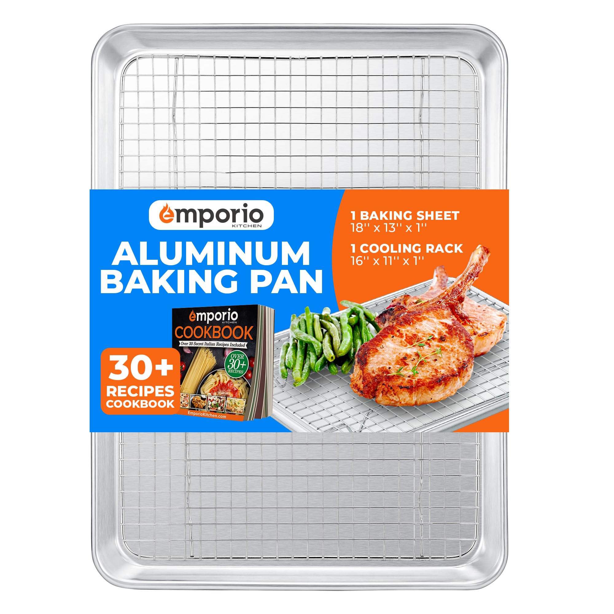 Baking Pan Set - 9" x 13" Aluminum Baking Pan with Stainless Steel Cooling Rack Set, PFOA, PFOS, PTFE Free, Recipe Booklet Included, Oven Safe Tray, Resist Heat Up To 500° F, Set of 2