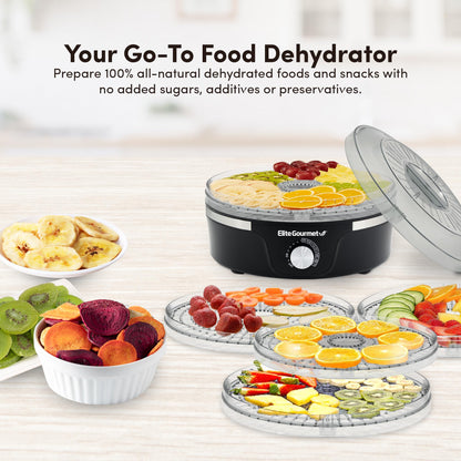 Elite Gourmet EFD319 Food Dehydrator, 5 BPA-Free 11.4" Trays Adjustable Temperature Controls, Jerky, Herbs, Fruit, Veggies, Dried Snacks, Black