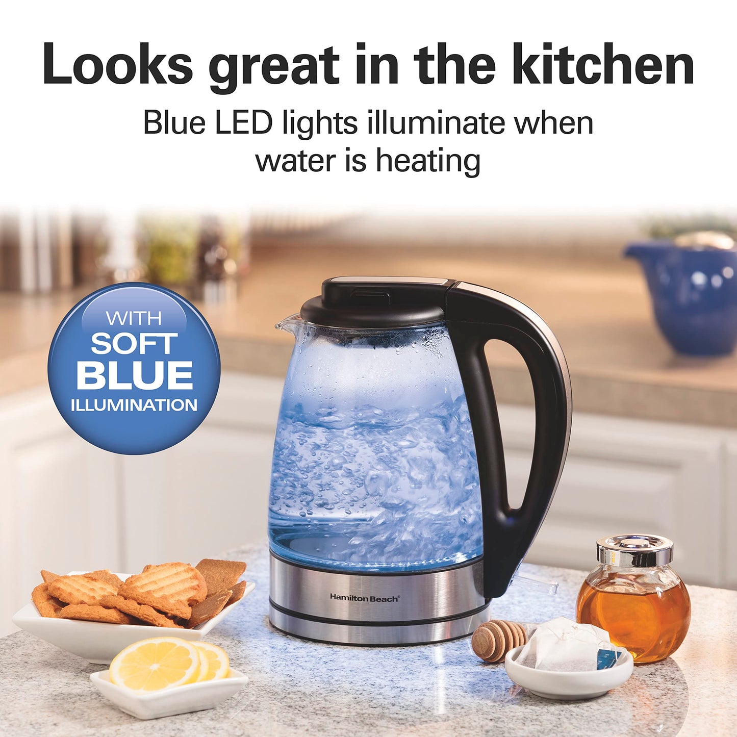 Hamilton Beach Glass Electric Tea Kettle, Water Boiler & Heater, 1 Liter, 1500 Watts for Fast, BPA Free, Cordless Serving, Auto-Shutoff & Boil-Dry Protection, Soft Blue LED (40930)