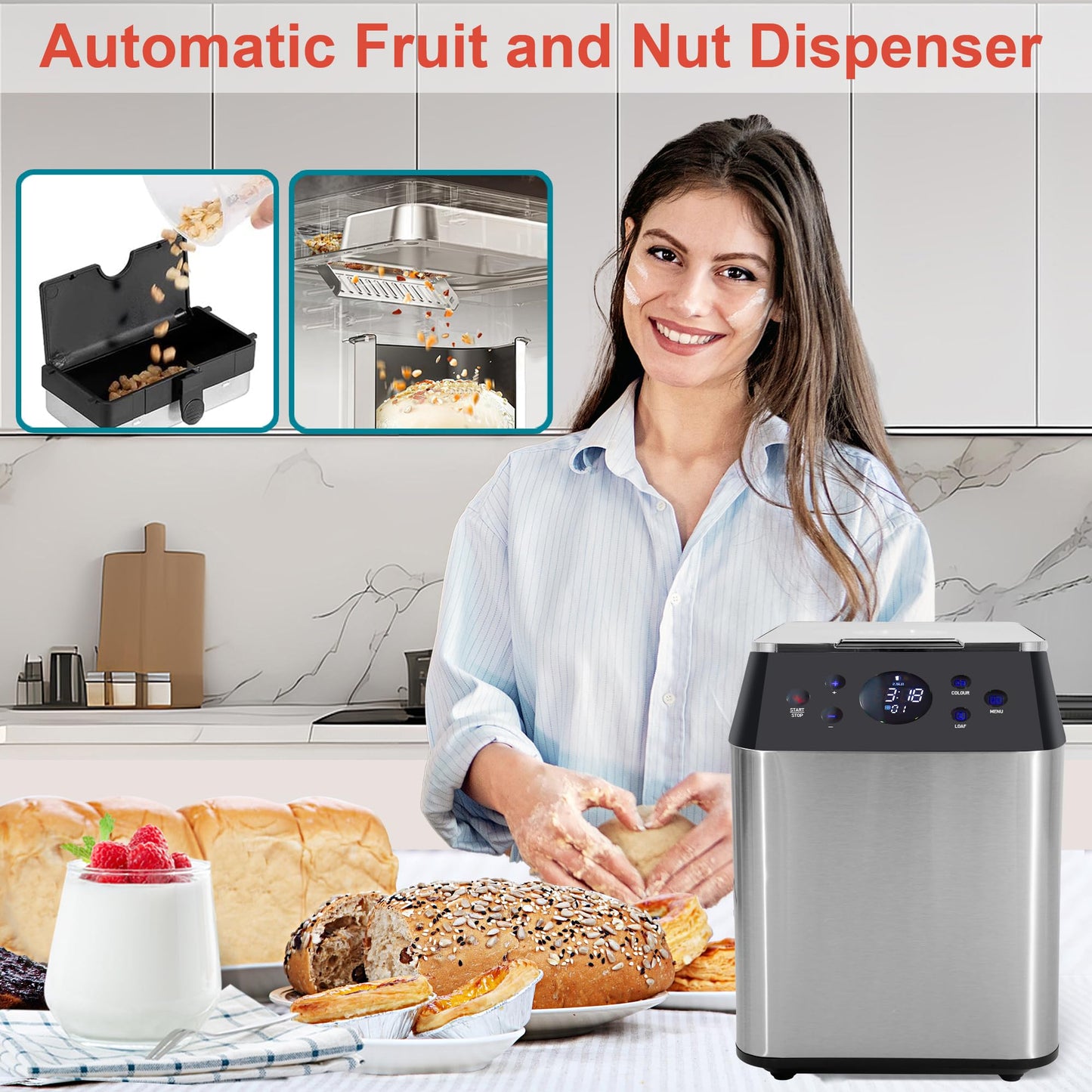 3LB Larger & 20-in-1 Ultra Quiet Bread Maker Machine, 710W Die-Cast Ceramic Pan Bread Machine with Dual Heaters, Stainless steel Breadmaker with Auto Fruit Dispenser & 2 Custom Menus,Extra 2 Paddles