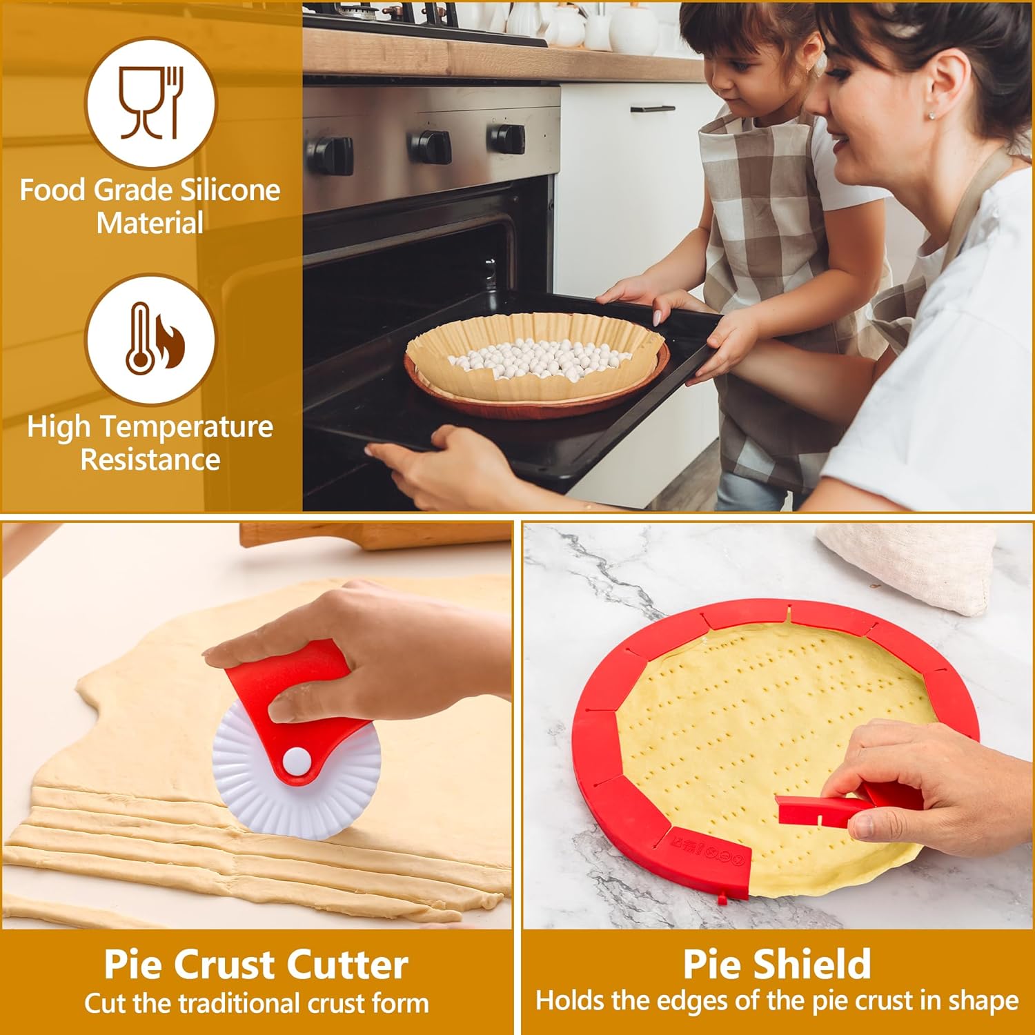 2.2 LB Pie Weights with Pie Crust Shield and Pie Crust Cutter – All In One Baking Supplies Kit with Ceramic Beads – Durable Food-Grade Baking Tools Ideal for Pies, Tarts, Cakes, White