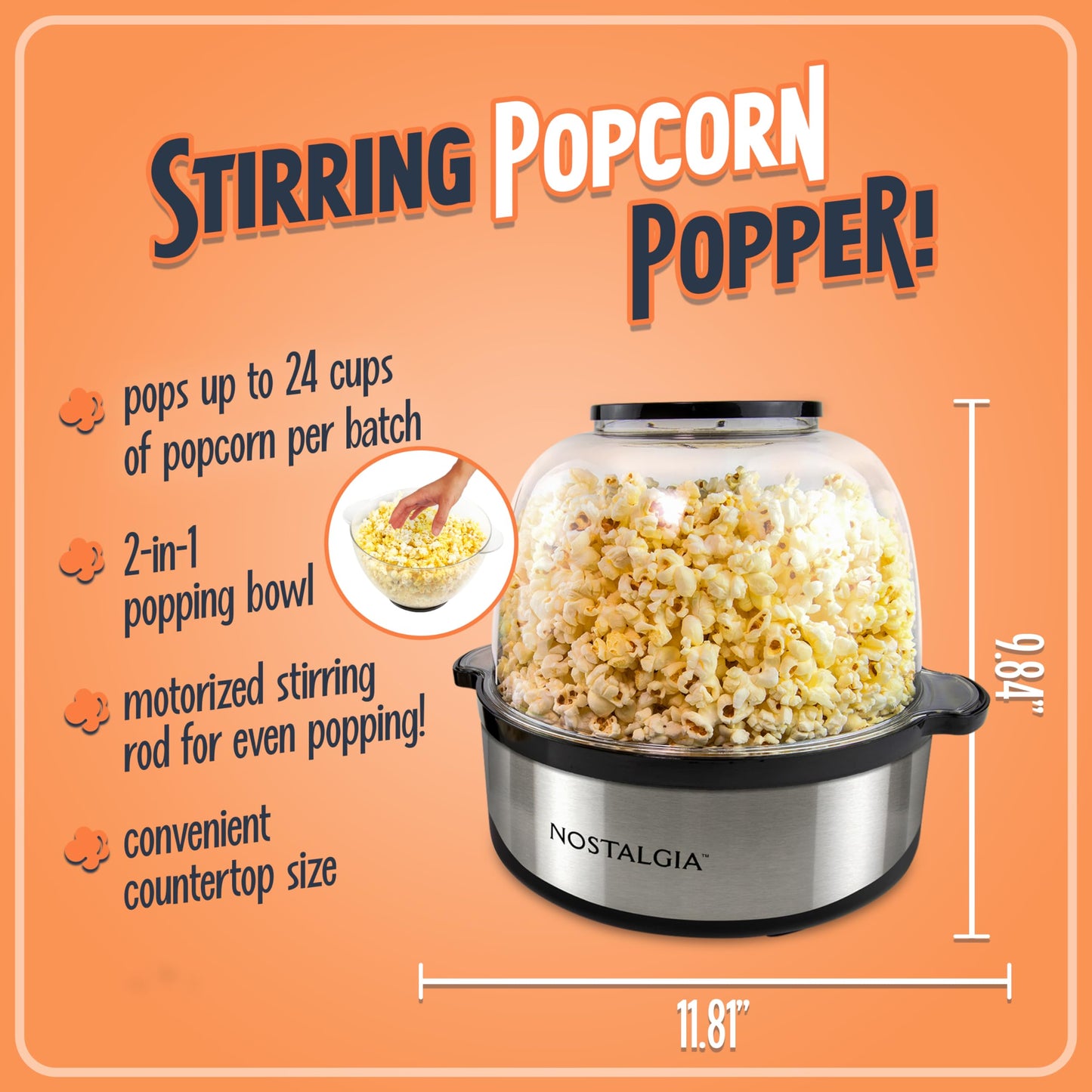 Nostalgia 6-Quart Stirring Popcorn Popper - Quick-Heat Technology - Makes 24 Cups of Popcorn - Includes Kernel Measuring Cup - Perfect for Birthday Parties, Movie Nights, and More - Stainless Steel