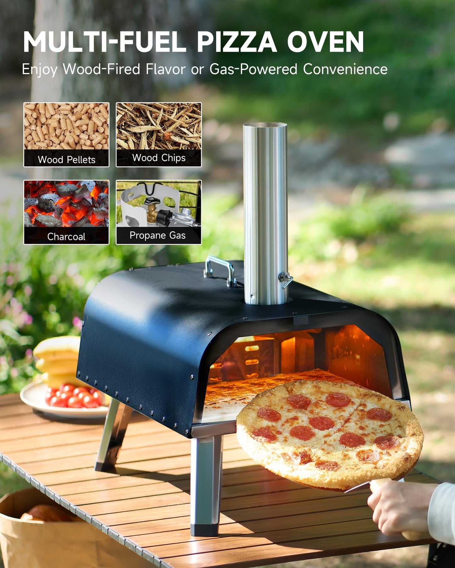 CO-Z Multi-Fuel Outdoor Pizza Oven, Propane and Wood Fired Pizza Oven with 12 Inch Pizza Stone, Gas Burner & Thermometer, Dual Fuel Stainless Steel Pizza Maker for Camping Backyard Party