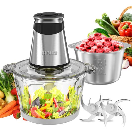 Electric food processor vegetable chopper 500W 2x8cup bowls 2 bi-layer 4 blades Small Food chopper Electric Meat grinder for home use,Mincing, and Puree for kitchen aid, baby foot, pet food by BUMET