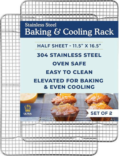 Ultra Cuisine Oven-Safe, Dishwasher-Safe 100% Stainless Steel Cooling and Baking Rack Set Heavy Duty Tight-Wire - 11.5 x 16.5-inch - Set of 2 - Half Sheet Pan Cooling Racks