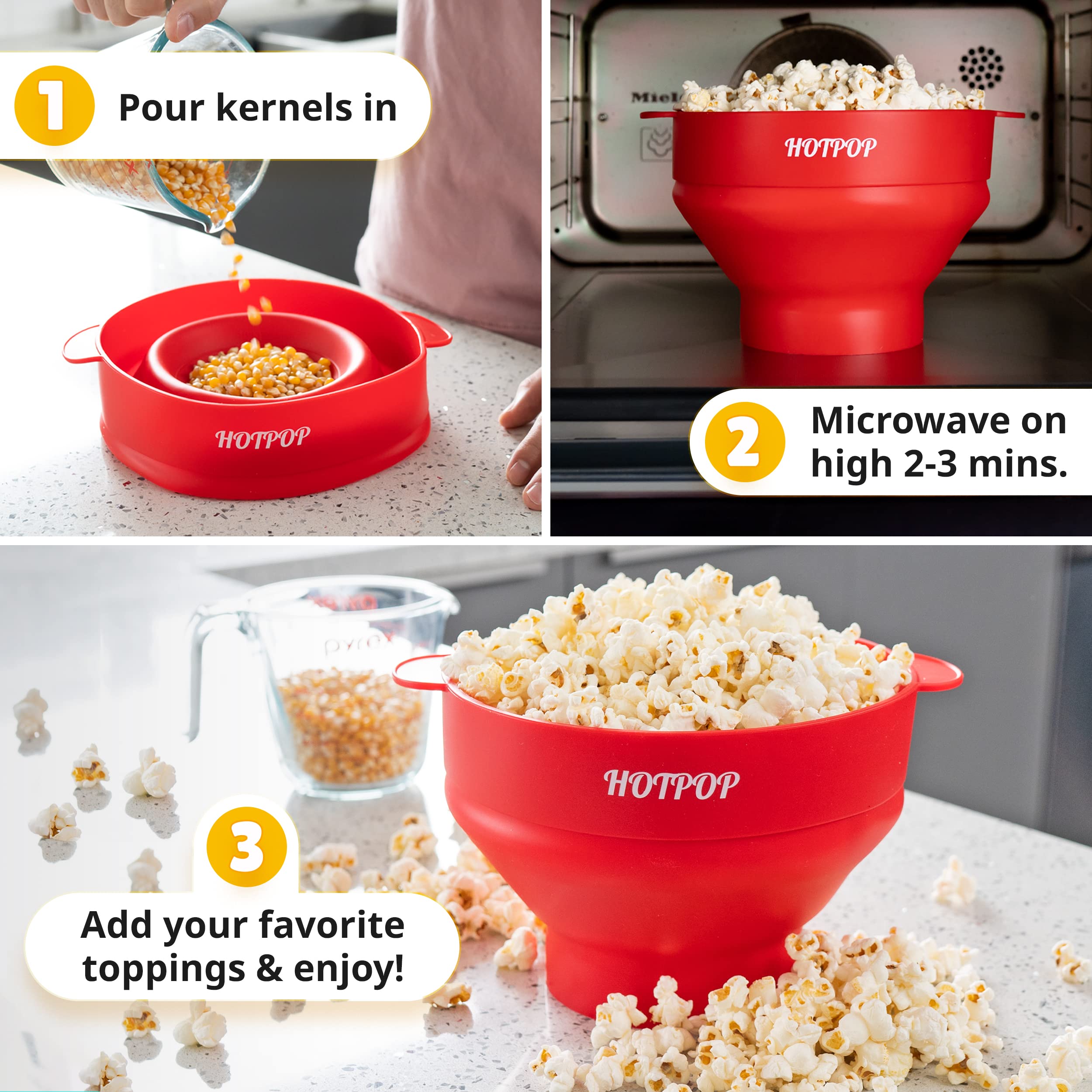 Oryginalna silikonowa maszynka do popcornu HotPop - do mikrofalowej maszynki do popcornu z uchwytami - składana miska, odporna na ciepło, łatwa do czyszczenia, idealna na rodzinne wieczory filmowe, pojemność 15 filiżanek - czarna