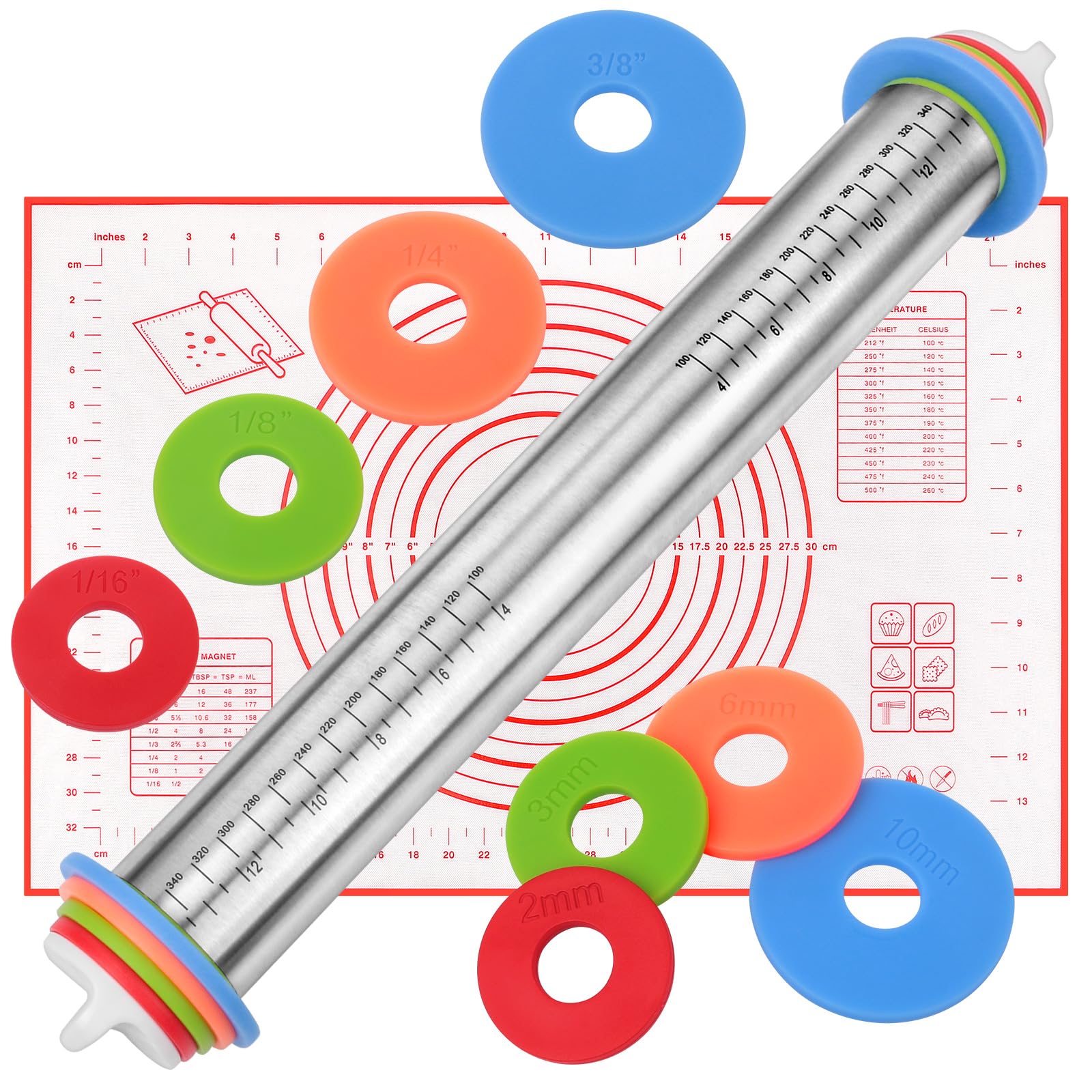 Adjustable Rolling Pin with Thickness Rings for Baking, Stainless Steel Designs Dough Roller Pins for Cookie Decorating Baking Supplies Fondant Cake Baker