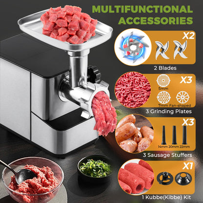 Flyseago Meat Grinder Electric 3200w High Capacity Commercial Heavy Duty Meat Grinder and Sausage Stuffers, Kubbe Kit for Household Use & Commercial