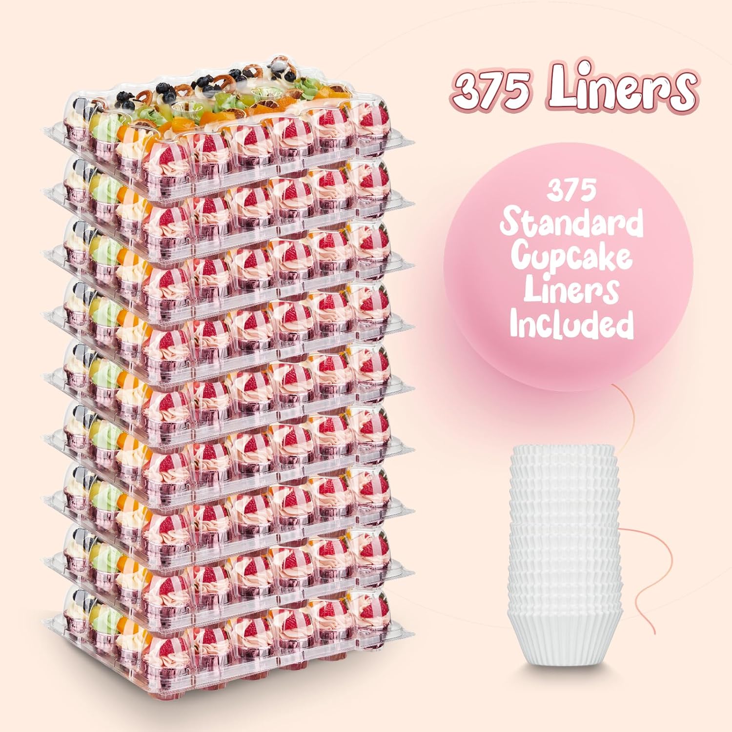 (24 Pack x 15 Sets) Mini Cupcake Containers with 375 Pack Cupcakes Liners, Plastic Cupcake Holder, Stackable Mini Cupcake Boxes Carrier, Clear Disposable Cupcake Trays, High Dome - MINI SIZE