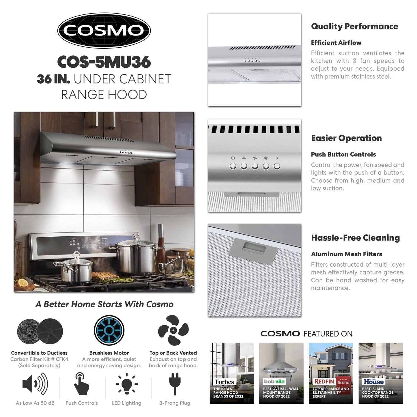 COSMO COS-5MU36 36 in. Delta Collection Ducted Under Cabinet Range Hood, Button Controls, Reusable Filters, LED Lights, Stainless Steel