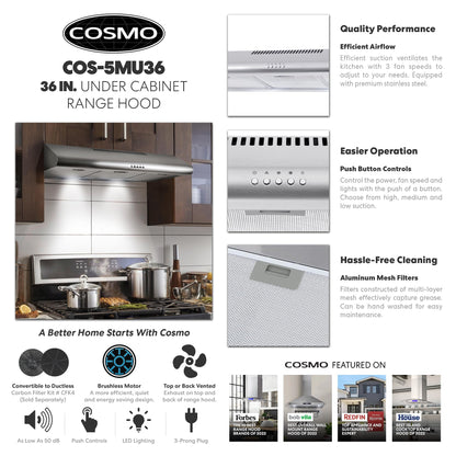 COSMO COS-5MU36 36 in. Delta Collection Ducted Under Cabinet Range Hood, Button Controls, Reusable Filters, LED Lights, Stainless Steel