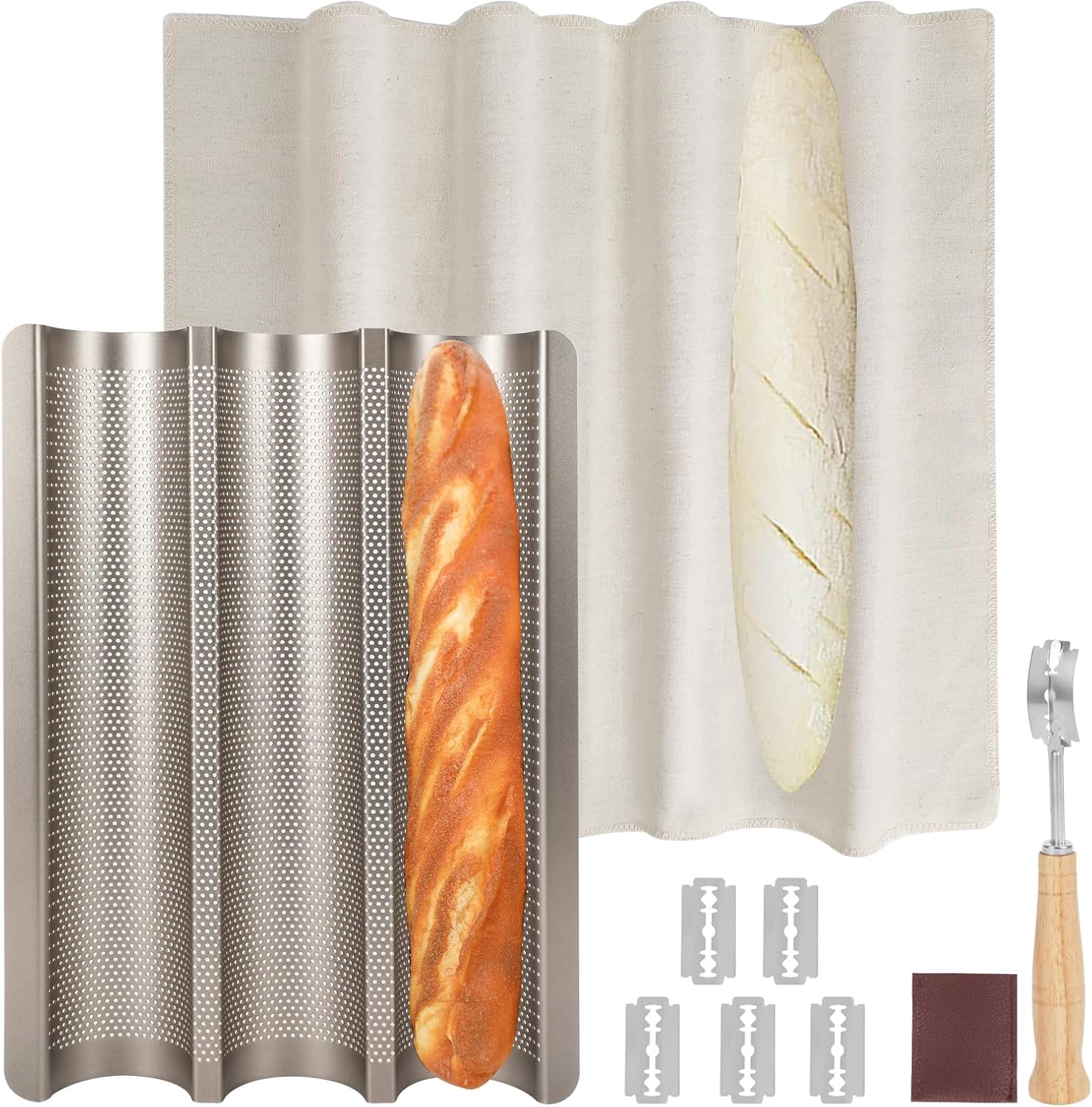 Baguette Bread Pan, Perforated French Bread Baking Pan, Nonstick 3 Loaf Bread Pans for Baking, with Baguette Kit – Includes Proofing Cloth & Dough Cutter, 15x11 Inch Gold