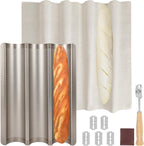 Baguette Bread Pan, Perforated French Bread Baking Pan, Nonstick 3 Loaf Bread Pans for Baking, with Baguette Kit – Includes Proofing Cloth & Dough Cutter, 15x11 Inch Gold