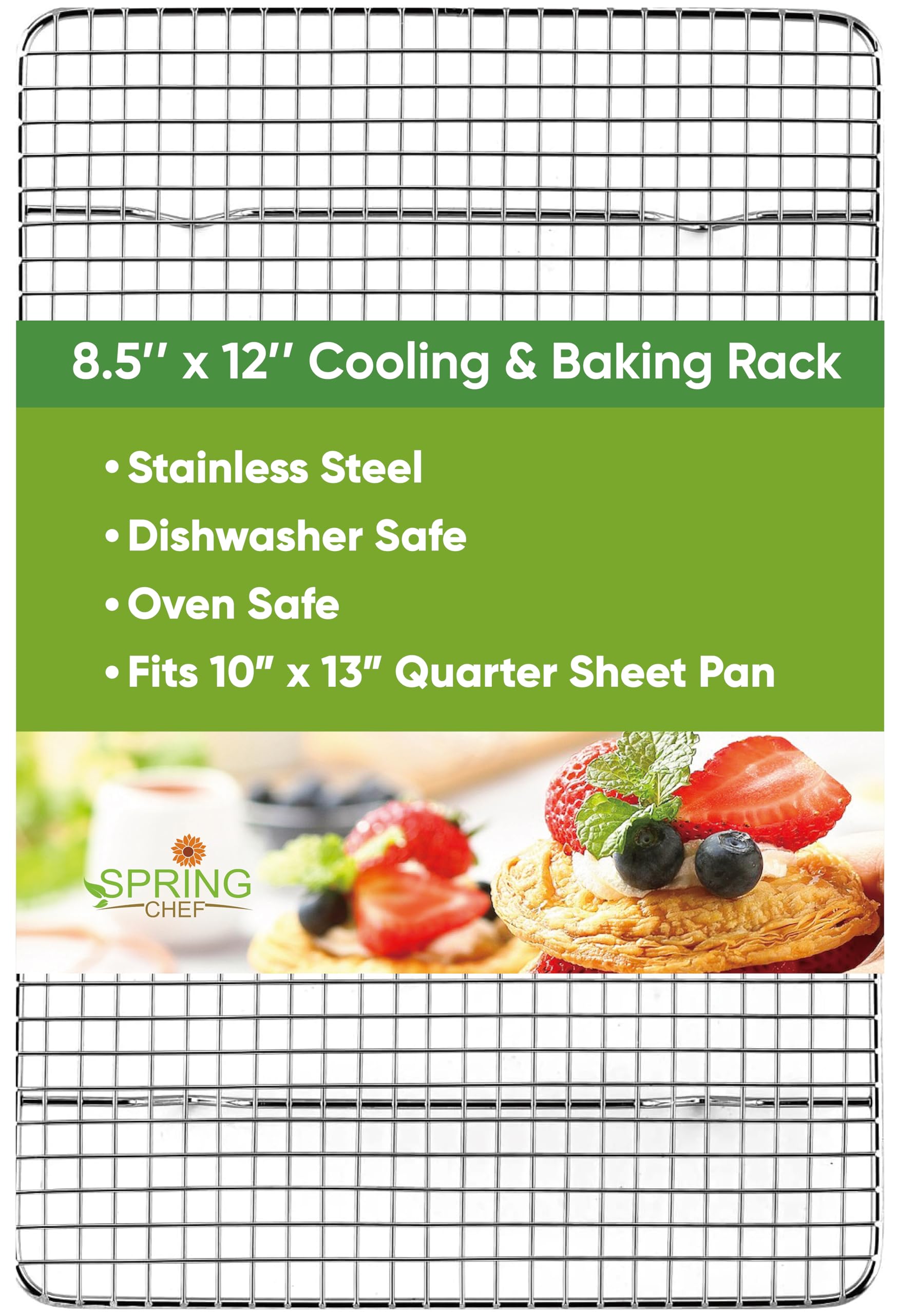 Spring Chef 10" x 15" Stainless Steel Cooling Racks for Baking - Oven Safe - Cookie Racks for Cooling Cookies - Fits Jelly Roll Pan - Perfect for Grilling, Roasting, Cooking, Drying - Set of 2