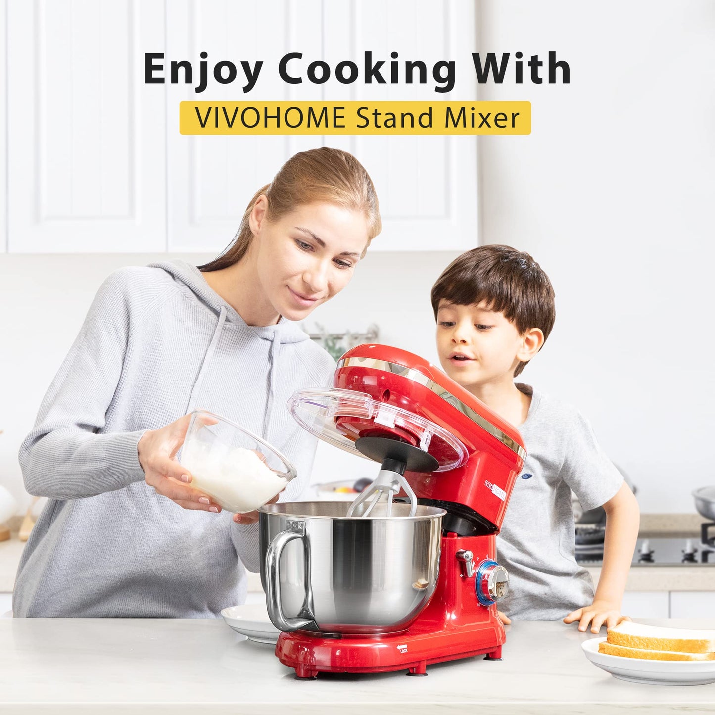 VIVOHOME Stand Mixer, 660W 10 Speed 6 Quart Tilt-Head Kitchen Electric Food Mixer with Beater, Dough Hook, Wire Whip and Egg Separator, Red