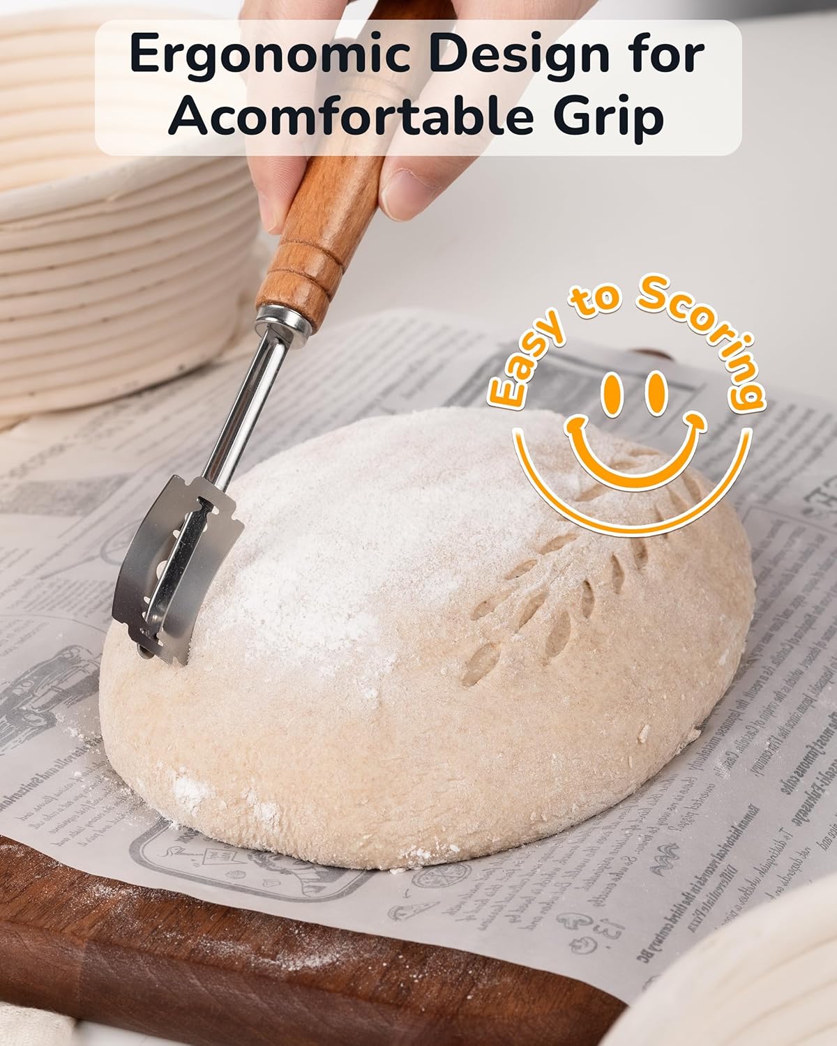 Bread Lame Dough Scoring Tool with Storage box, Pre Installed Blade Open Ready to Use, Included 10 Blades, Pattern Marking String, Cut Proof Finger Cots,Wood Handle with Magnetic, for Sourdough Baking