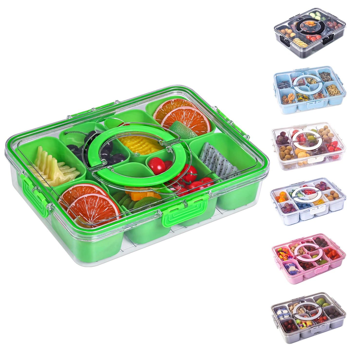 Snackle Box Container with Lid- Travel Charcuterie Box with Handle - Organizer for Candy, Fruit, Nuts, Veggies, Snacks, Beach Essentials, Portable Lunch Box (Pink, Small)