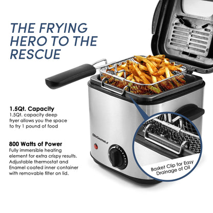 Elite Gourmet EDF1550# Electric 1.5 Qt. / 6 Cup Oil Capacity Deep Fryer, Adjustable Temperature, Removable Basket, Lid with Viewing Window, Stainless Steel