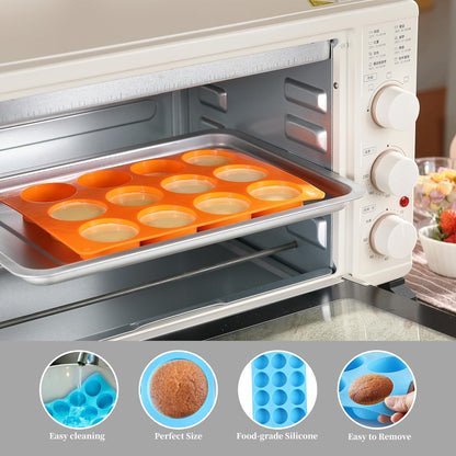 2PCS Silicone Oreo Molds, LCCOWOT 12 Cavity Cookie Chocolate Round Silicone Mold, Baking Mold for Chocolate, Oreo, Cookie, Cany, Mini Cake, Dishwasher Safe (Orange+Blue)