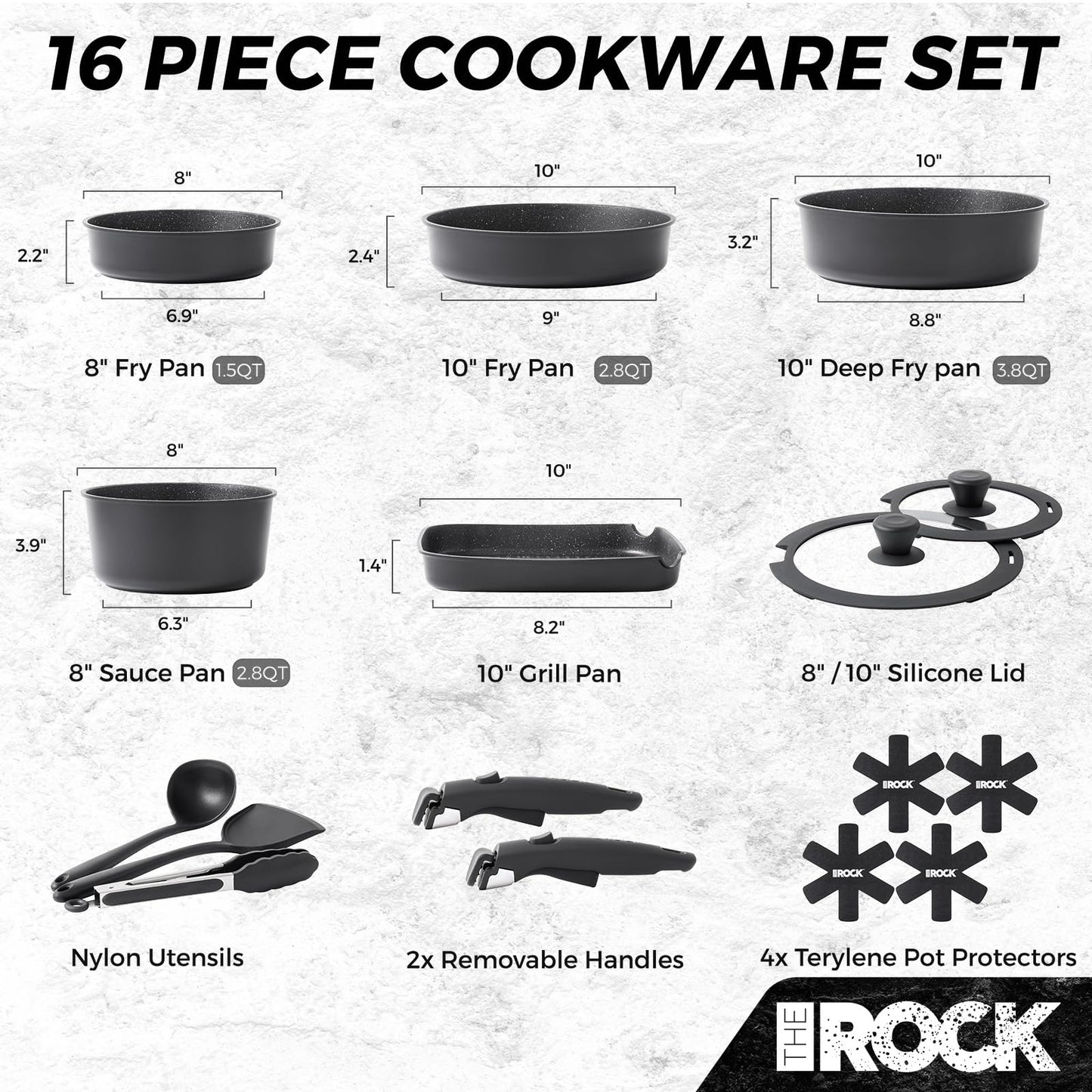 THE ROCK SMART SPACE 16pc Nonstick Pots and Pans Set with ROCK.TEC, Stackable Cookware Set with Detachable Handles, Scratch/Stain/Crack Proof, Induction Ready, Oven & Dishwasher Safe, PFOA-Free, Black