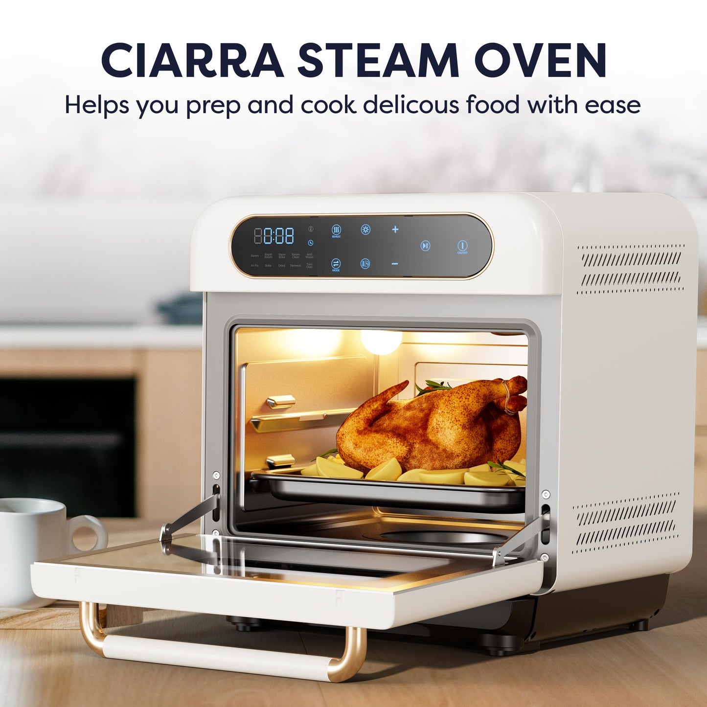 CIARRA 8-in-1 Air Fryer Steam Oven Countertop,12L Mini Toaster Oven with Steam, Rapid Steam, Air Fry, Vapor Bake, Steam Clean, Bake, Dried, Ferment, White