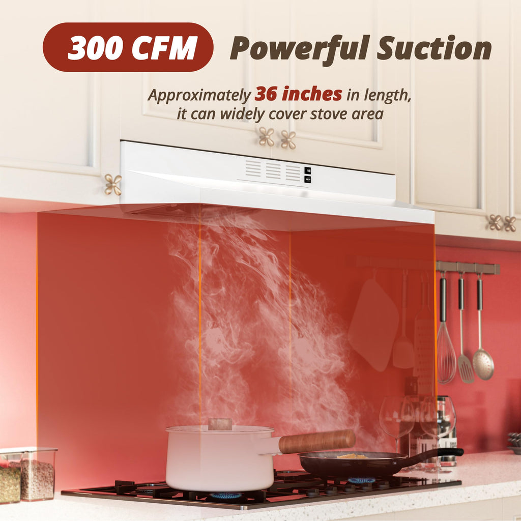 Okap kuchenny FIREGAS 36 cali pod szafką, okap kuchenny z kanałem/bez kanału, biały malowany okap ze stali nierdzewnej z oświetleniem LED, wentylator wyciągowy 2 prędkości