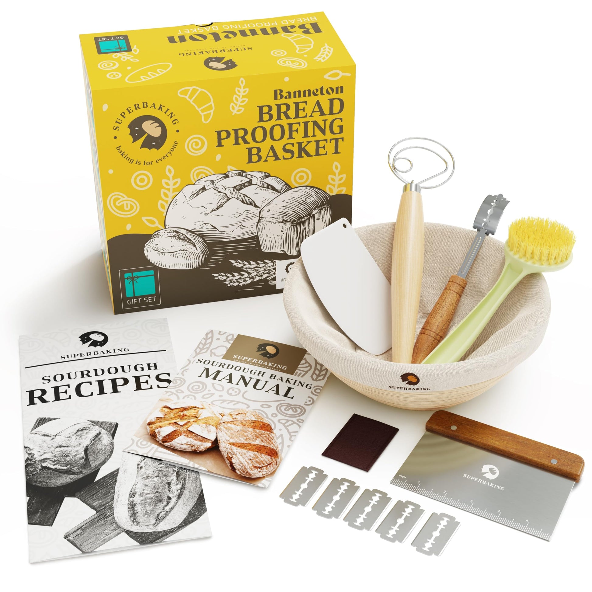 Superbaking Banneton Bread Proofing Basket, Sourdough Bread Baking Supplies, Round 9 Inch Sourdough Starter Kit, Proofing Basket for Baking, Bread Making Supplies Tools, Banneton Basket Gift Set