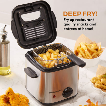 Elite Gourmet EDF1550# Electric 1.5 Qt. / 6 Cup Oil Capacity Deep Fryer, Adjustable Temperature, Removable Basket, Lid with Viewing Window, Stainless Steel