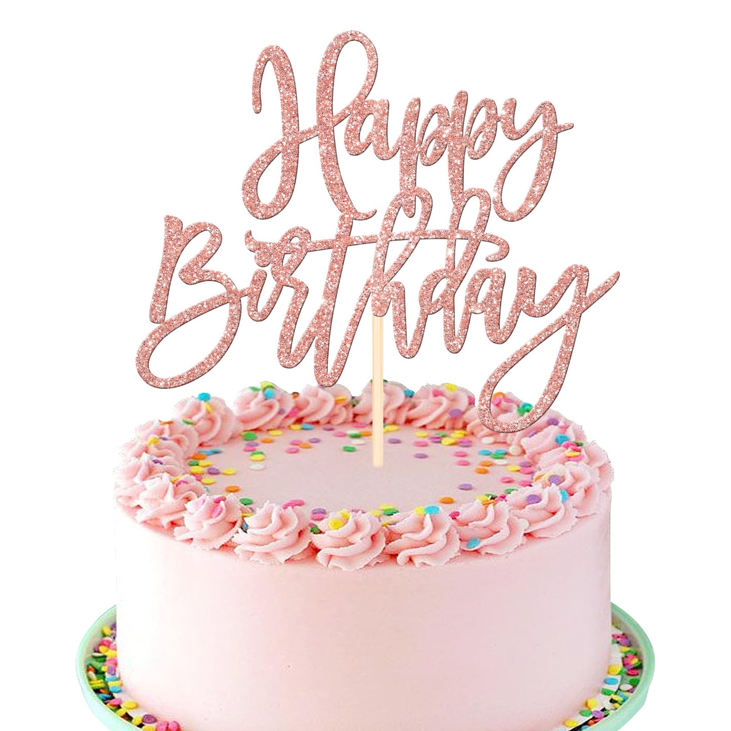 1 PCS Happy Birthday Cake Topper Glitter Cake Pick for Celebrating Anniversary Theme Party Cake Decorations Supplies Light Pink