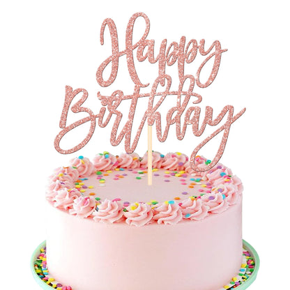 1 PCS Happy Birthday Cake Topper Glitter Cake Pick for Celebrating Anniversary Theme Party Cake Decorations Supplies Light Pink