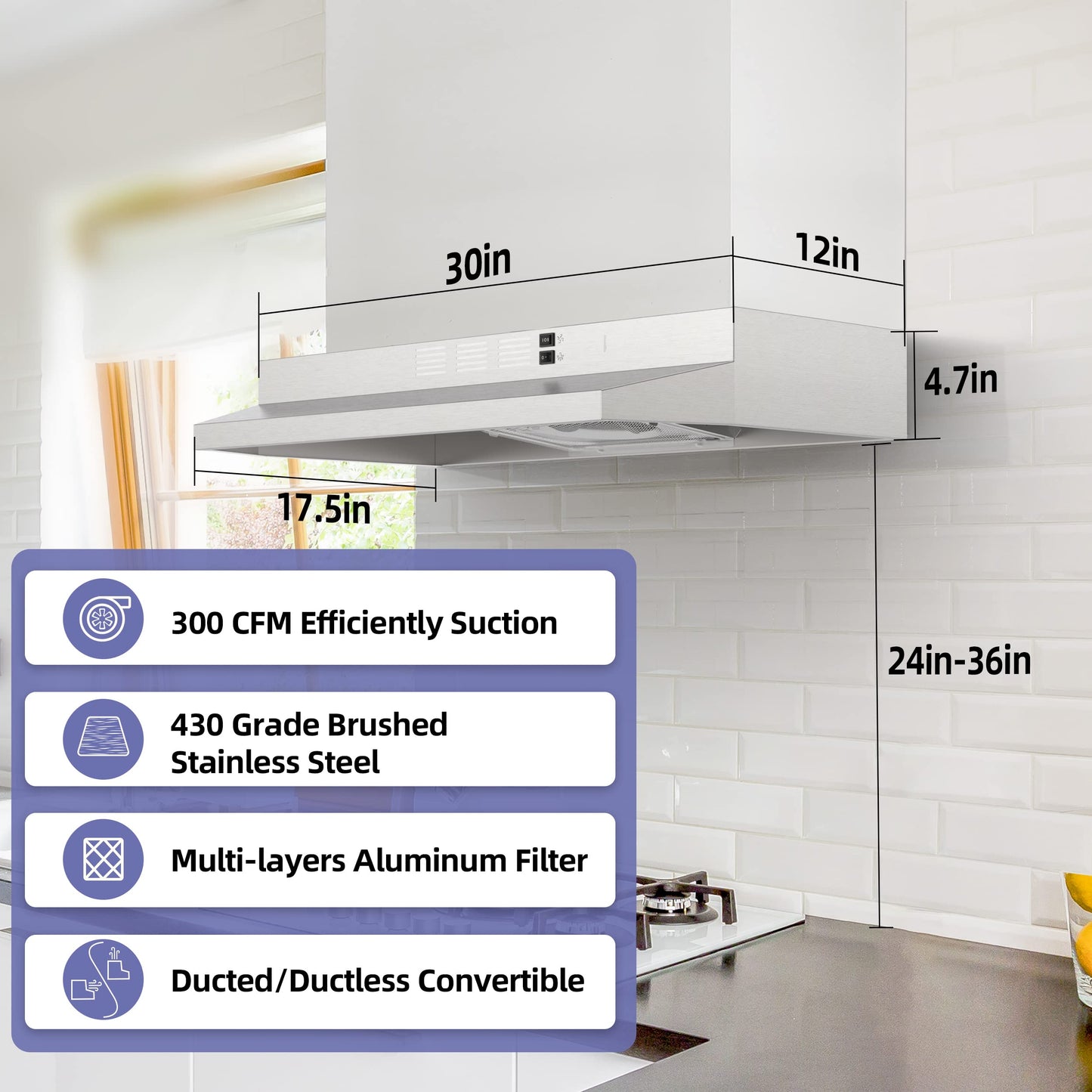 FIREGAS 30 inch Range Hood Under Cabinet, Ducted/Ductless Convertible Stainless Steel Kitchen Range Hood with Rocker Button Control, 2 Speed Exhaust Fan, 300 CFM Aluminum Filter Included