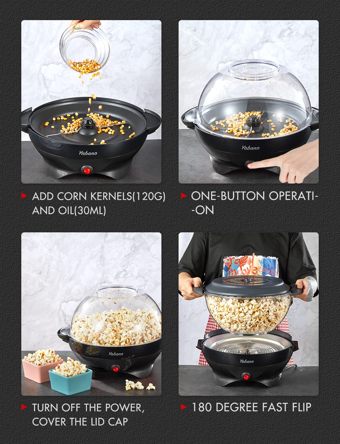 Popcorn Machine, 6-Quart Popcorn Popper maker, Nonstick Plate, Electric Stirring with Quick-Heat Technology, Cool Touch Handles (Black)