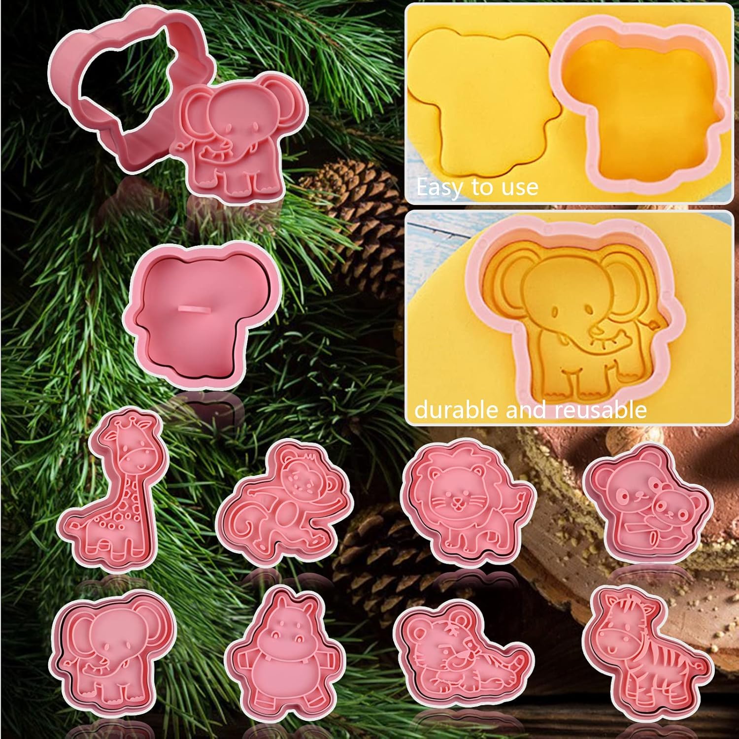 Animal Cookie Cutters With Plunger Stamps Set,8 Piece 3D Animal Embossing Cutters For Biscuit Fondant Cheese Baking Molds