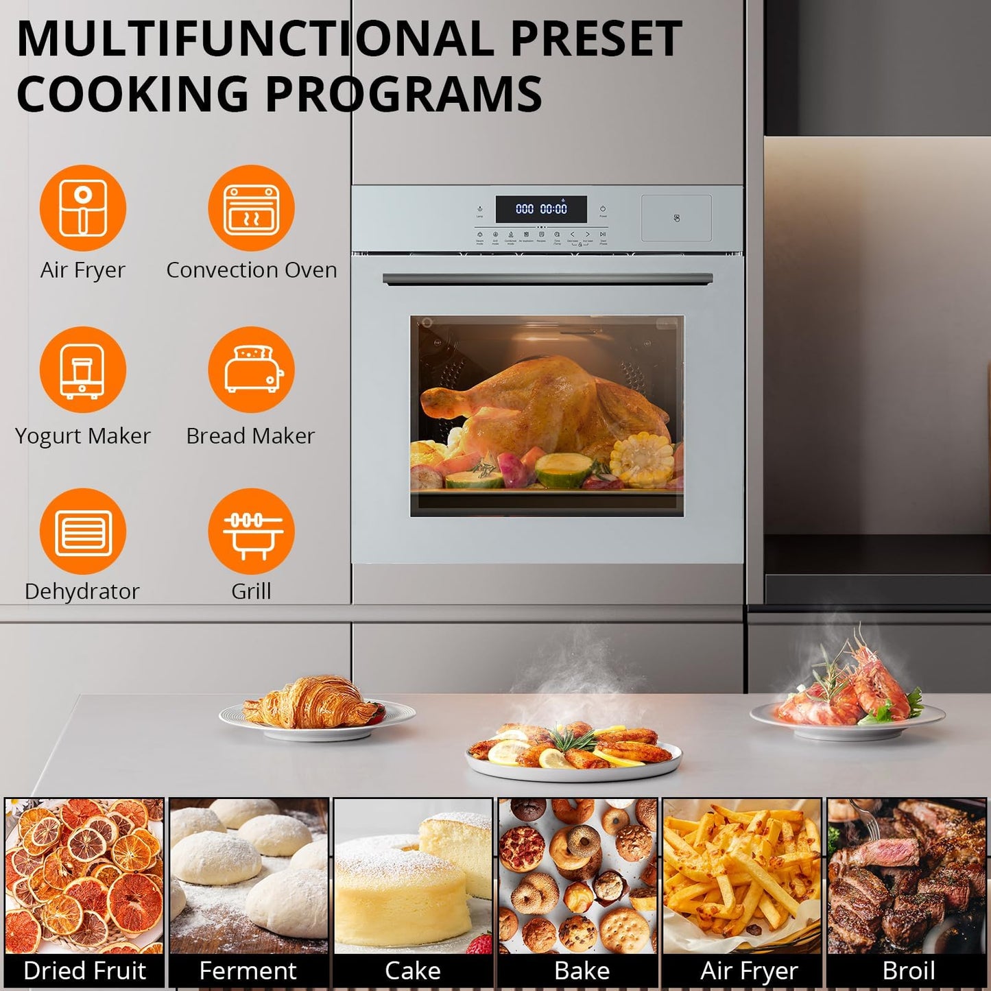 24" Single Wall Oven, 2.5 Cu.ft Built-in Timer-Convection Electric Wall Oven with 8 Baking Modes, 3000W, 240V, Stainless Steel, 3D Surround Heating, Timer, Touch Control, Safety Lock, Silver