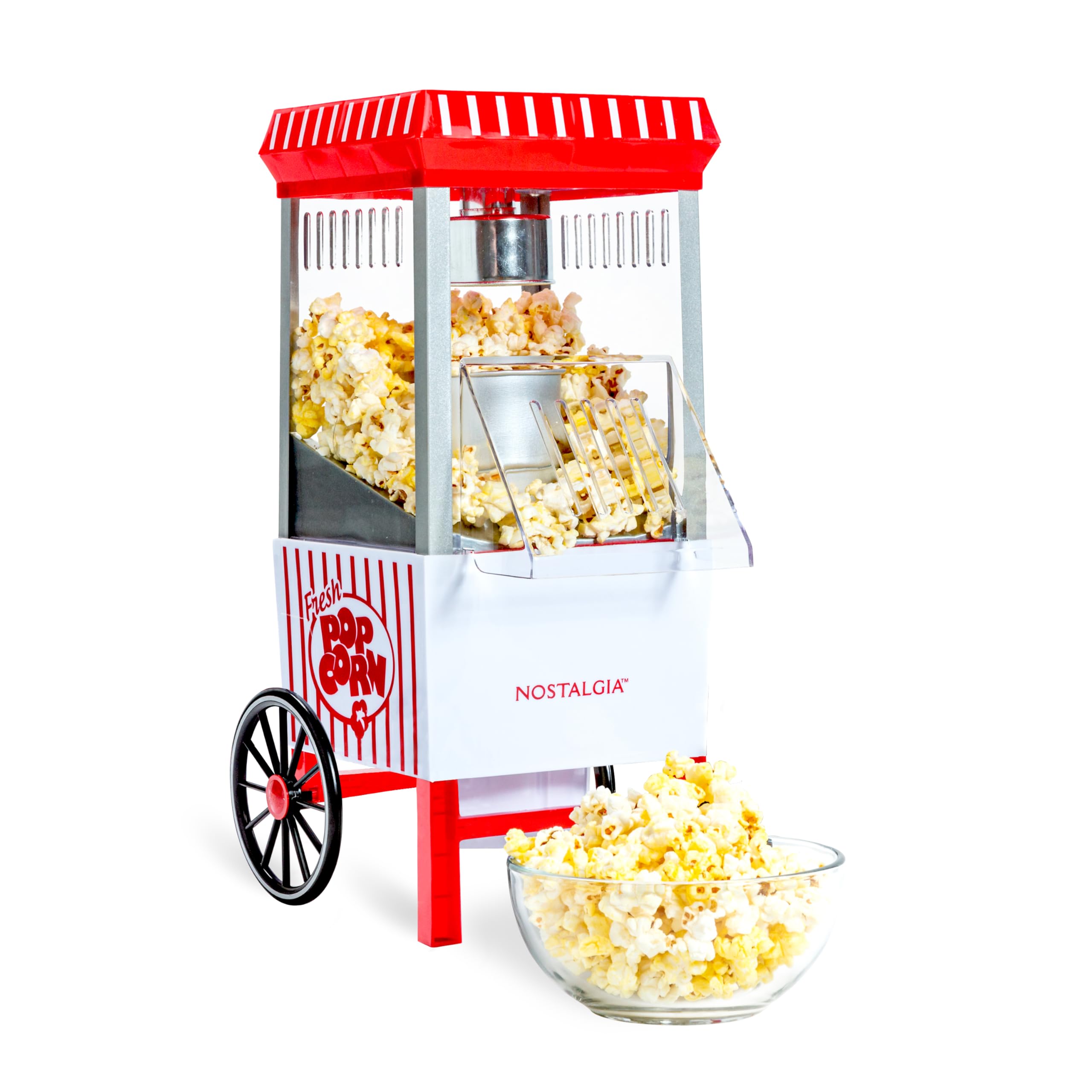Nostalgia Vintage Hot-Air Popcorn Maker Machine - Przygotowuje do 12 filiżanek - Bez oleju - Zdrowszy popcorn - Klasyczny wózek stojący z kółkami - Zawiera miarkę do ziaren - Biały i czerwony