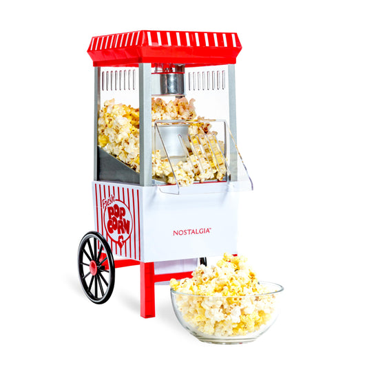 Nostalgia Vintage Hot-Air Popcorn Maker Machine - Makes Up to 12 Cups - Oil-Free - Healthier Popcorn - Classic Stand-Up Cart With Wheels - Includes Kernel Measuring Cup - White & Red