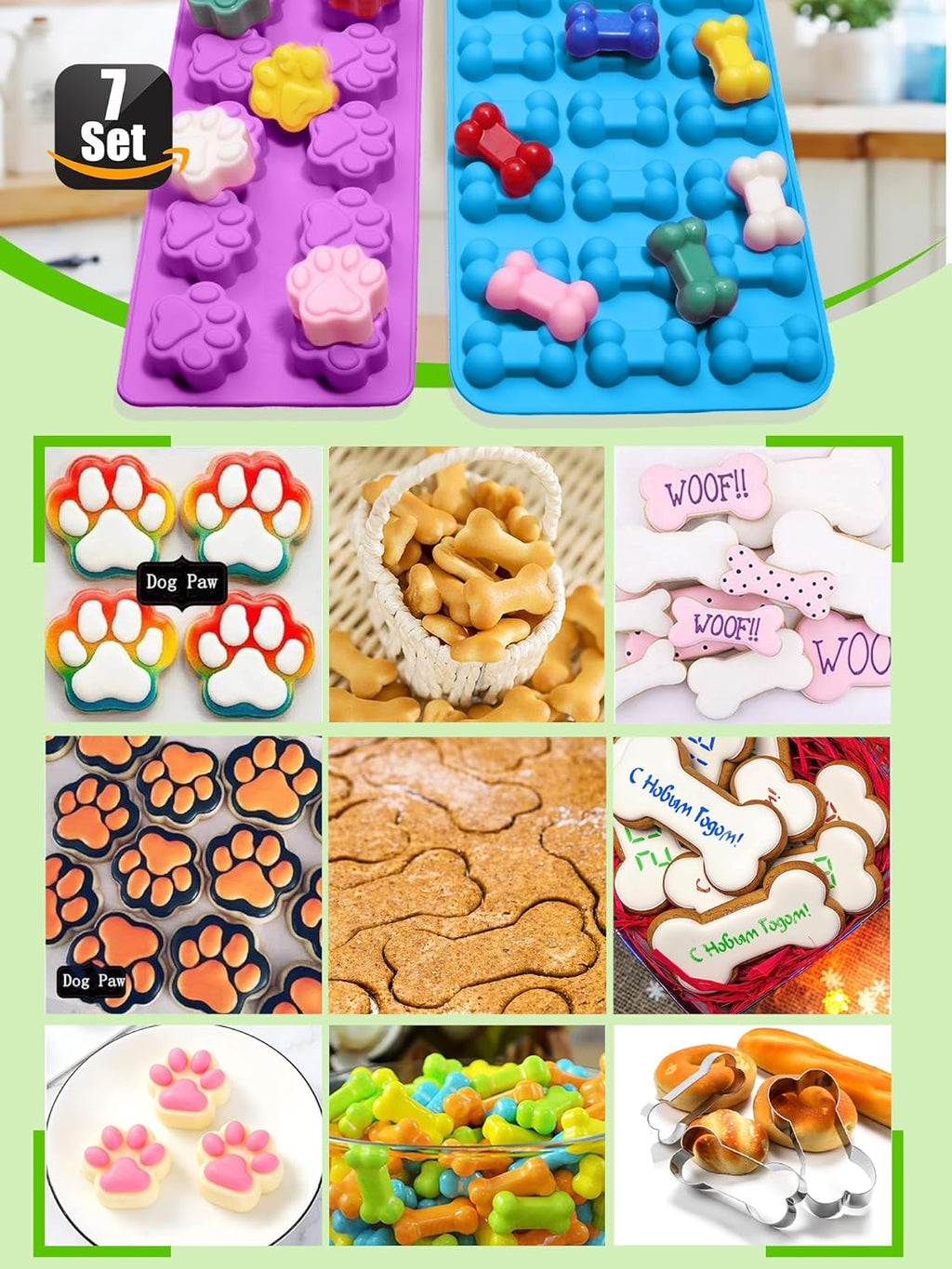 Set of 7，4 Pieces Silicone Molds Puppy Dog Paw & Bone Shaped and 3 Pieces Stainless Steel Bone Cookie Cutter,for Homemade Treats and Cat Animal Paw Ice Candy Chocolate Baking Mold.