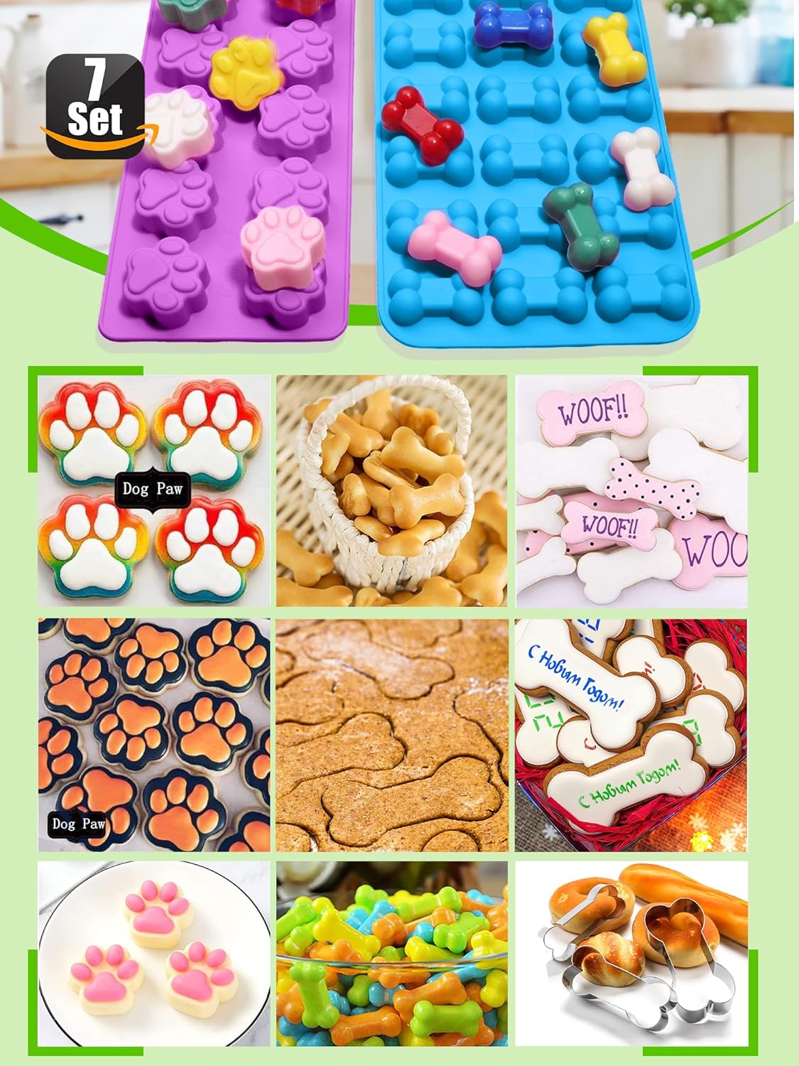 Set of 7，4 Pieces Silicone Molds Puppy Dog Paw & Bone Shaped and 3 Pieces Stainless Steel Bone Cookie Cutter,for Homemade Treats and Cat Animal Paw Ice Candy Chocolate Baking Mold.
