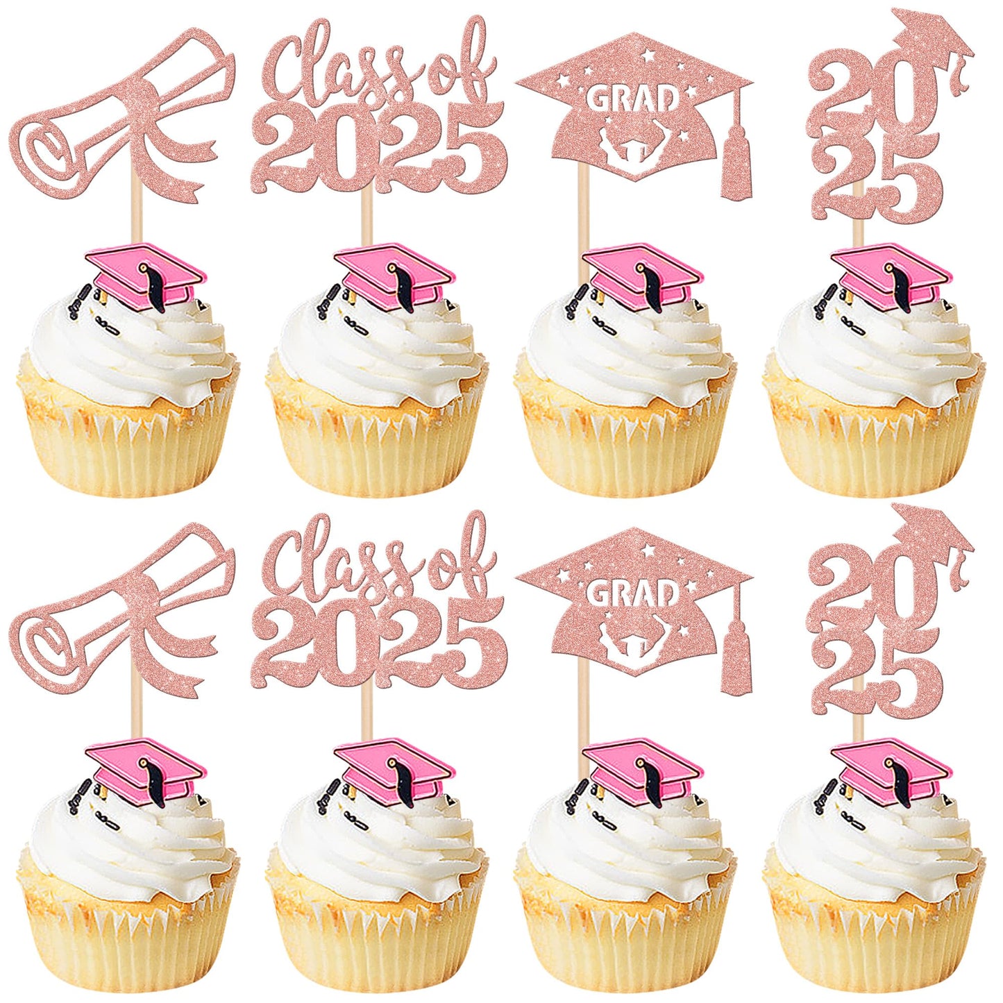 24 PCS 2025 Graduation Cupcake Toppers Glitter Diploma Congrats Grad Cap Cupcake Picks Class of 2025 Cake Decorations for 2025 Graduation Theme Party Supplies Pink