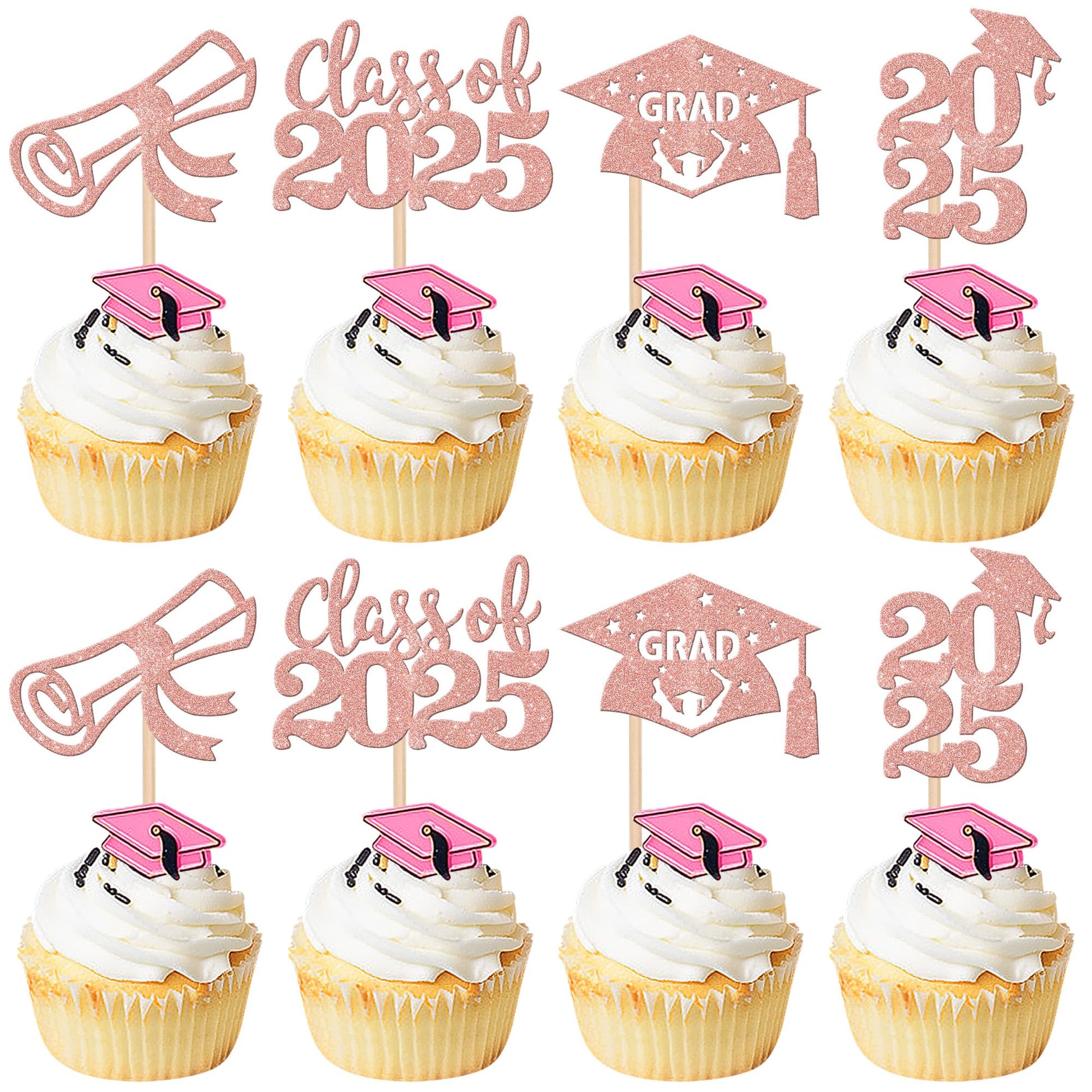 24 PCS 2025 Graduation Cupcake Toppers Glitter Diploma Congrats Grad Cap Cupcake Picks Class of 2025 Cake Decorations for 2025 Graduation Theme Party Supplies Pink