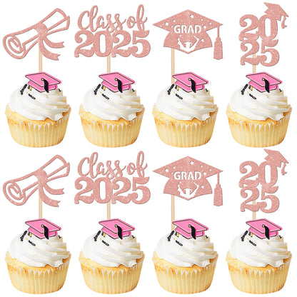 24 PCS 2025 Graduation Cupcake Toppers Glitter Diploma Congrats Grad Cap Cupcake Picks Class of 2025 Cake Decorations for 2025 Graduation Theme Party Supplies Pink