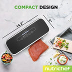 Автоматична вакуумна система запаювання повітрям NutriChef для зберігання продуктів зі стартовим комплектом, компактний дизайн, лабораторні випробування, режими сухої та вологої їжі зі світлодіодними індикаторами, чорний колір