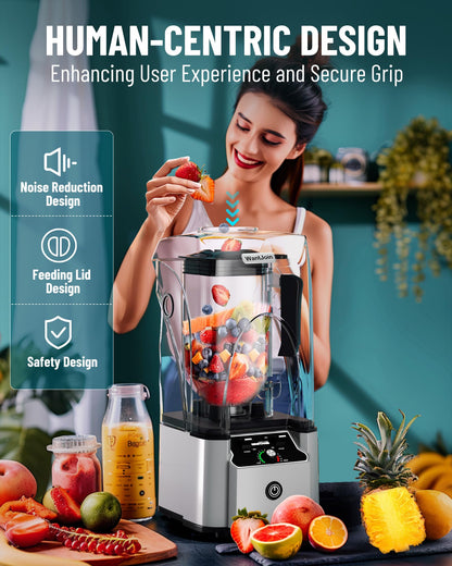 WantJoin Commercial Professional Blender With Shield Quiet Sound Enclosure 2200W Industries Strong and Quiet Professional-Grade Power, Self-Cleaning, Silver