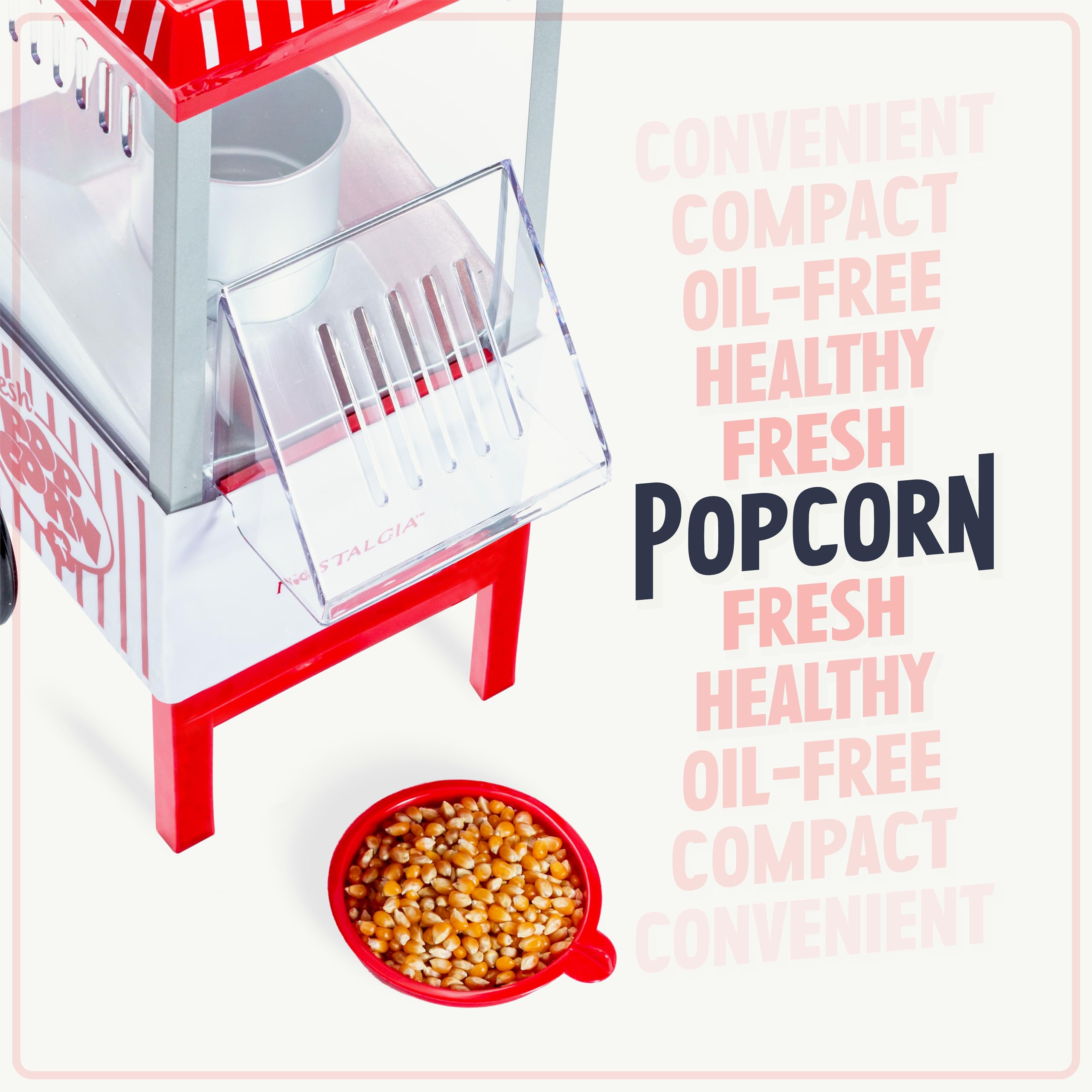 Nostalgia Vintage Hot-Air Popcorn Maker Machine - Przygotowuje do 12 filiżanek - Bez oleju - Zdrowszy popcorn - Klasyczny wózek stojący z kółkami - Zawiera miarkę do ziaren - Biały i czerwony