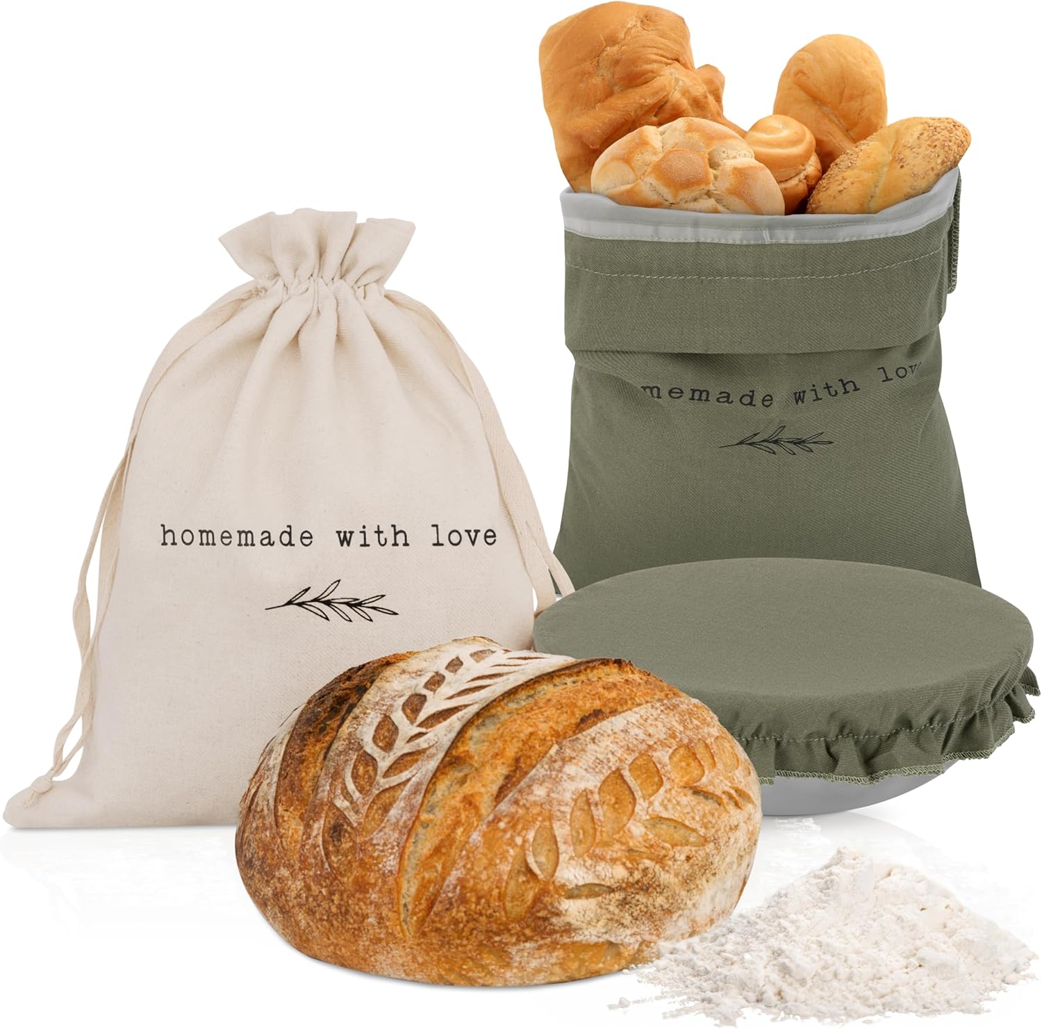 Beautiful Linen Bread Bag Set and Proofing Cover For Homemade Sourdough Bread - Keeps Your Loaf Fresh for Days - Reusable and Easy to Clean Storage Bag, The Perfect Baking Accessories