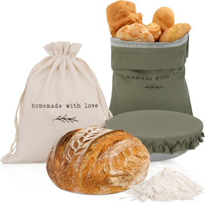 Beautiful Linen Bread Bag Set and Proofing Cover For Homemade Sourdough Bread - Keeps Your Loaf Fresh for Days - Reusable and Easy to Clean Storage Bag, The Perfect Baking Accessories