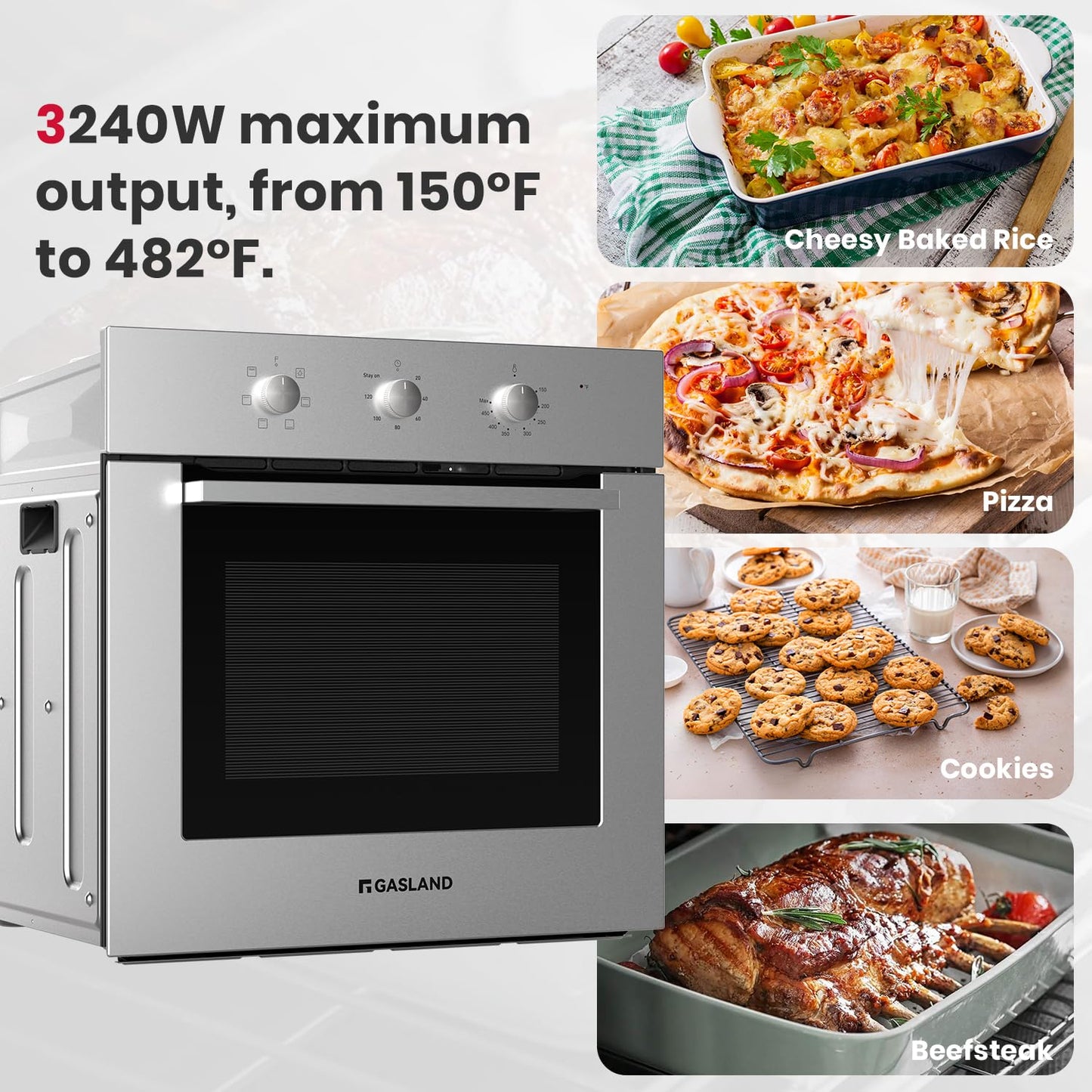 Wall Oven 24 Inch, GASLAND ES606MS Built-in Electric Ovens, 240V 3240W 2.3Cu.ft 5 Cooking Functions Wall Oven, CSA Approved, Stainless Steel